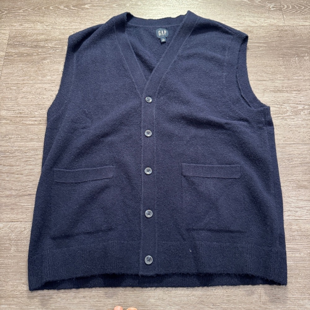 Gap Sweater Vest Mens L Blue Wool Blend Button Front Pockets Casual Cardigan